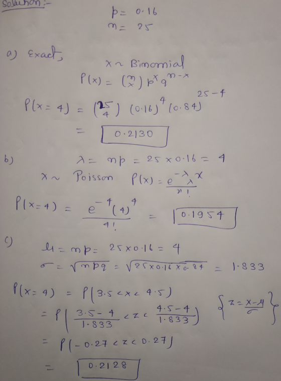 Solhon :- þ= 0.16 m = 25 25-4 a) Exact, xn Binomial P(x) = ( ) pt 9- P(x= 4) = (25) (0.16)* (0.845 = 0.2130 b) a= mp = 25x0.1