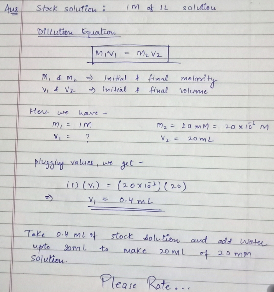 solutiou Aus Stock solutiou M o 1L Dfllution Equoation MIVI M2 V Imitial final molari ty M 4 M 1nital final Volume Here hare