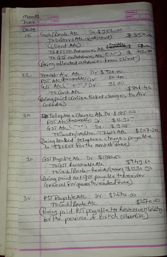 month June Date Cash/Bank Al - Dr.$952.o na To Debtors Ale-on Account $850. client als TOPSTON Advencer Alc Recoverthels 6o.a