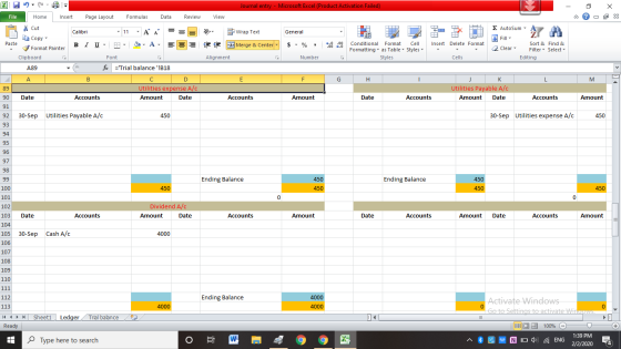 Journal entry - Microsoft Excel (Product Activation Failed) - 2 X File Home Insert Page Layout Formulas Data Review View - x