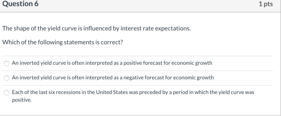 Question 6 1 pts The shape of the yield curve is influenced by interest rate expectations. Which of the following statements