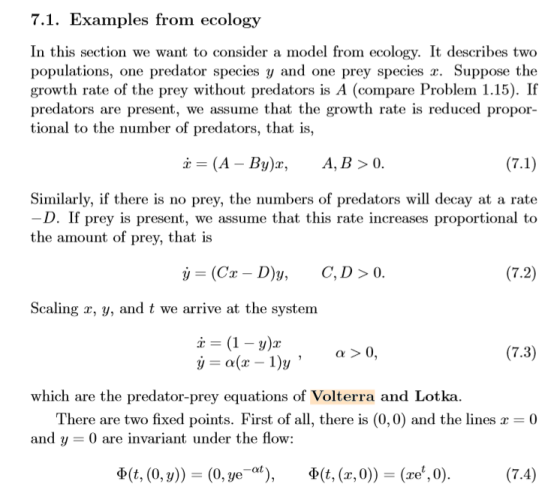 7.1. Examples from ecology In this section we want to consider a model from ecology. It describes two populations, one predat
