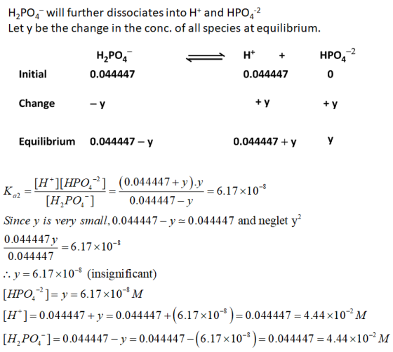 H,PO, will further dissociates into Ht and HPO..2 Let y be the change in the conc. of all species at equilibrium. H+ + HPO, -