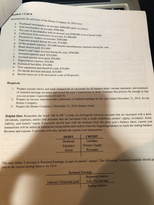 lem I Contd Summarized, the activities of the Homer Company for 2014 were a. Purchased merchandise on account, $480,000 (debit inventory). b. Sold merchandise on account, $980,000. c. The cost of merchandise sold on account was s500,000 (cost of goods sold) d. Collections from customers on account, $1,000,000 e. Payments to vendors on account, $500,000. f. Expenses prepaid during the year, $16,000. g. of the prepaid expenses, $22,000 became miscellaneous expenses during the year h. Bond interest paid, $18,000. i. Salaries and wages accrued during the year, $300,000 j. Accrued expenses paid, S310,000. k. Accrued income taxes paid, $50,000. 1. Depreciation expense, $50,000. m. Estimated bad debts, $10,000. New equipment purchased for cash, $70,000. Dividends declared and paid, S10.000. Income taxes are to be accrued at a rate of 40 percent. n. o. p. Required: I. Prepare journal entries and track transactions in t-accounts for all balance sheet, income statement, and statement of retained carnings accounts and record the years transactions in them. Continue this process far enough so that you can prepare requirements (2) and (3) Prepare an income statement and a statement of retained carnings for the year ended December 31, 2014, for the Homer Prepare the Homer Companys December 31, 2014, balance sheet. 2. 3. Helpful Hint: Remember the word DEALOR to help you distinguish between accounts that are increased with a debit (dividends, expenses, assets) and accounts that are increased with a credit (liabilities, owners equity, revenues), Asset, liability, and owners equity T-accounts should start with the balances from the prior years balance sheet, current year transactions will be added or subtracted (using debits and credits) from the beginning balance to reach the ending balance. Revenue and expense T-accounts will only include the current year transactions CREDIT Labilities Dividends Expenses OwnersEquity Revenues The only tricky T-account is Retained Earnings (a part of owners equity). The following T-account template should go you to the correct ending balance for 2014. Retained Eanings Beginning balance Add: Net income Ending balance Subtract: Dividends paid