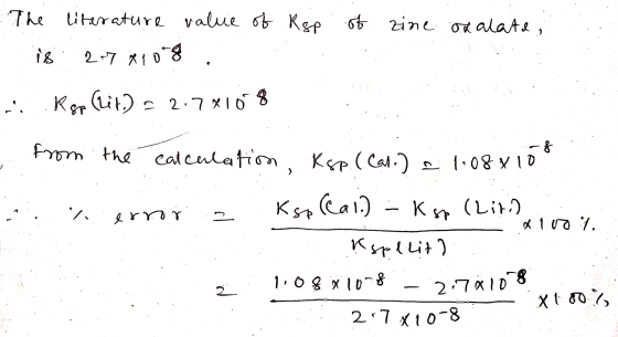 on alate, The literature value of Rsp. of zine is. 27 41018 Rgr (lit) - 2.78108 . from the calculation, Ksp. (Cali) & 1:08x10