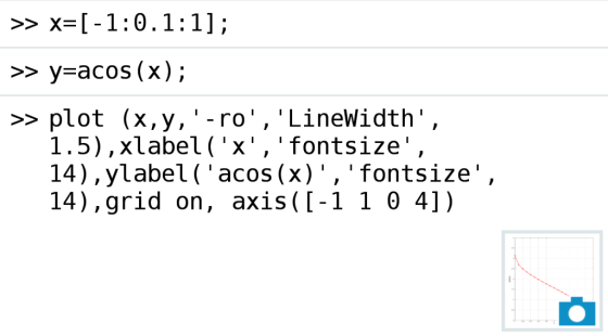 y-acos (x); >> plot (x,y, -ro, LineWidth, 1.5),xlabel (x, fontsize, 14),ylabel ( acos (x), fontsize, 14),grid on,