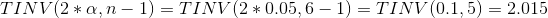 TINV(2*\alpha,n-1) = TINV(2*0.05,6-1) = TINV(0.1,5) = 2.015