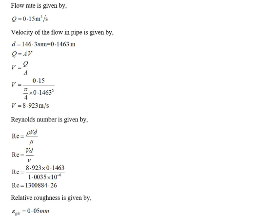 Flow rate is given by, Q=0.15 m/s Velocity of the flow in pipe is given by, d = 146.3mm=0.1463 m Q=AV VED А 0.15 = T -x0.1463