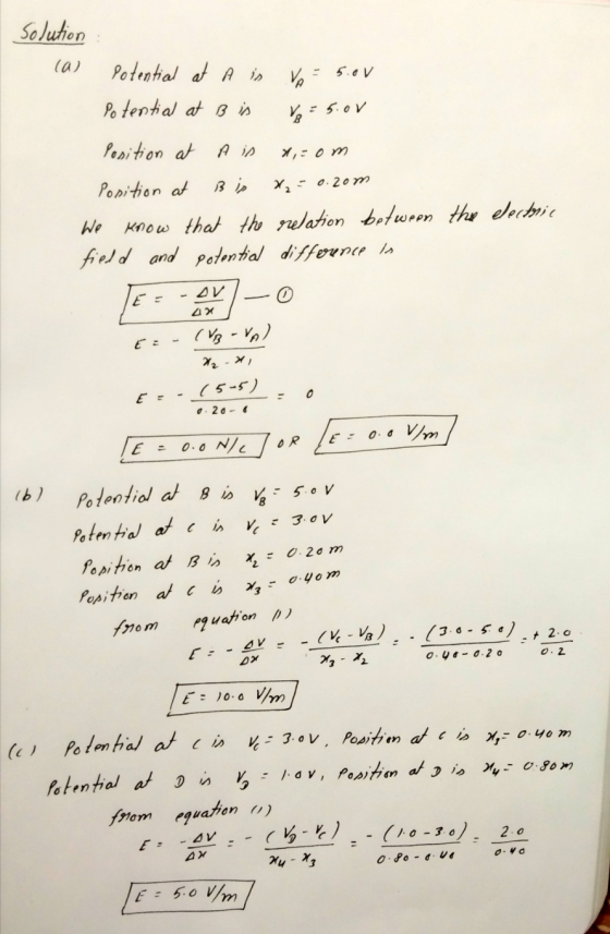 Solution ca) potential at A is Vp = 5.00 Potential at B is V2 = 5.00 Position at A is n, om Position at Bis x₂ = 0.20m We kno