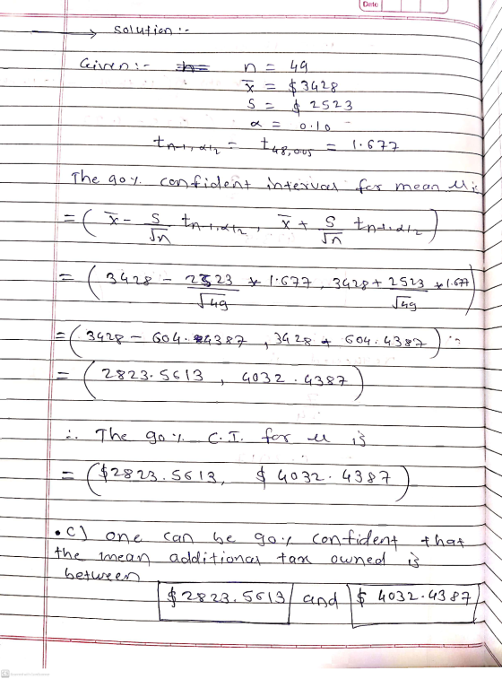 Date + Solutionis Gino in = n = 49 x $3428 Sa $ 2523 0:10 1.677 tarrat t48,005 The goy confident interval for mean uil se s t