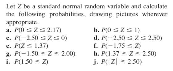 Let Z be a standard normal random variable and calculate the following probabilities, drawing pictures wherever appropriate.
