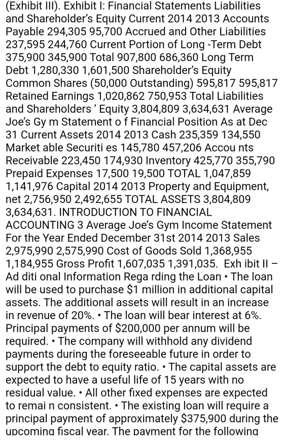 (Exhibit III). Exhibit I: Financial Statements Liabilities and Shareholders Equity Current 2014 2013 Accounts Payable 294,30