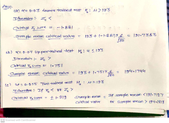 Anys! 292450103 lower talled test M: M7193 Direction Zo< Critical to score = = - 1881 Sample mean contcal value = 193+ (-1.88