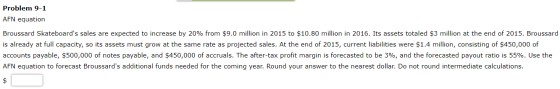 Problem 9-1 AFN equation Broussard Skateboards sales are expected to increase by 20% from $9.0 million in 2015 to $10.80 mil