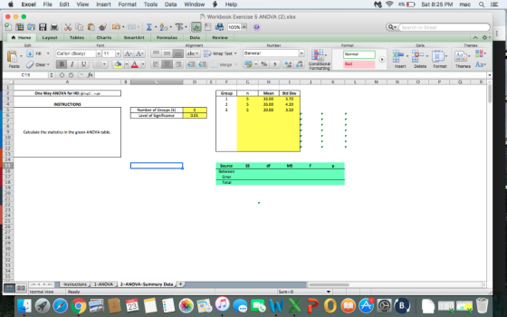 Excel File Edit View Insert Format Tools Data Window $ Help M 4% D Sat 8:25 PM mac Q Workbook Exercise 5 ANOVA (2).xlsx Searc
