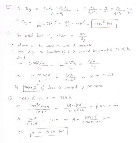 Solh 요 96 6 6 b) for axial load P. stoain = P/A ., Aram will be ame m人teelくconcrete Casie 2 6 4X10 e74i 6/ oadCanicd by concute Soo 38 k 3500 Ps failure stan 3 0-96 A = 114.2g in2