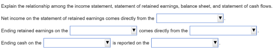 Explain the relationship among the income statement, statement of retained earnings, balance sheet, and statement of cash flows Net income on the statement of retained earnings comes directly from the Ending retained earnings on the Ending cash on the comes directly from the Vis reported on the