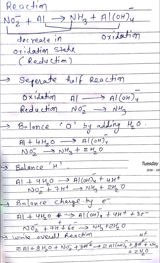 Reaction Noz + AL ŅH₂ + Al(OHlu L decrease in oxidation oxidation Stade ( Reduction) Seperate half Reaction oxidation Al Al(O