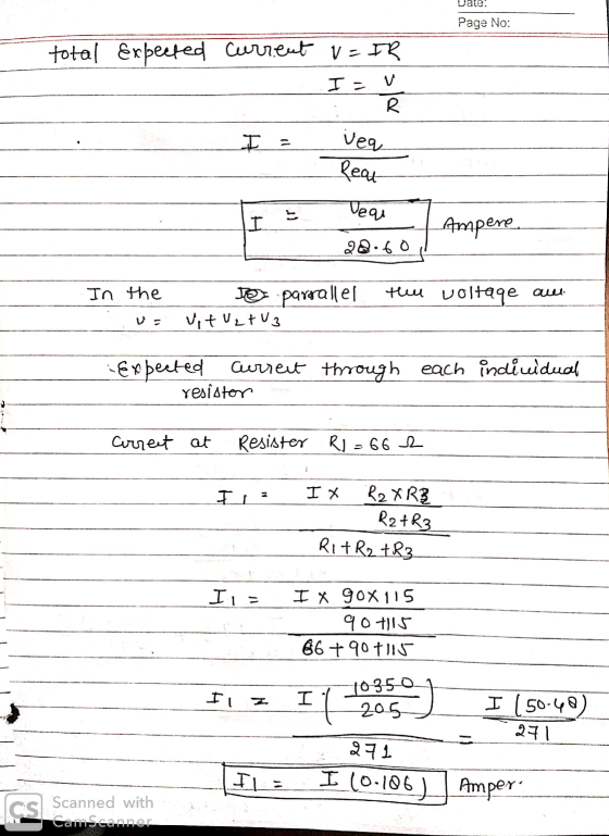 Date: Page No: total Expected current v=IR - I - V - veq Rear Deau - Ampere 20.601 In the voltage au the u= TeI parorallel Vi