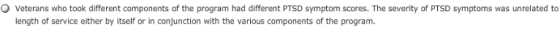 Veterans who took different components of the program had different PTSD symptom scores. The severity of PTSD symptoms was un