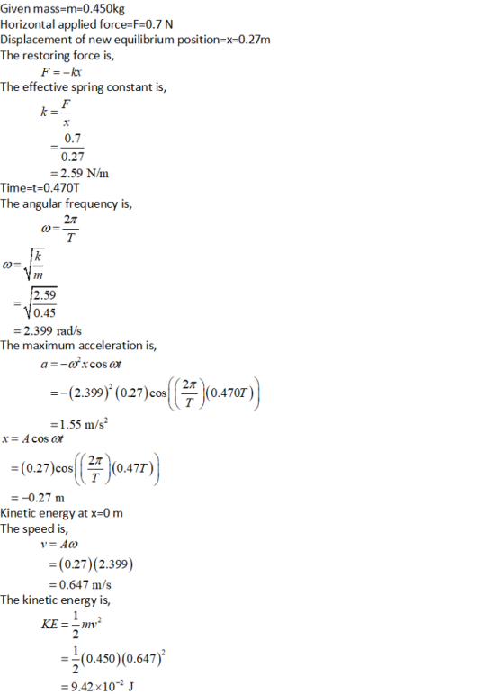 Given mass-m-0.450kg Horizontal applied force-F-0.7 N Displacement of new equilibrium position-x-0.27m The restoring force is