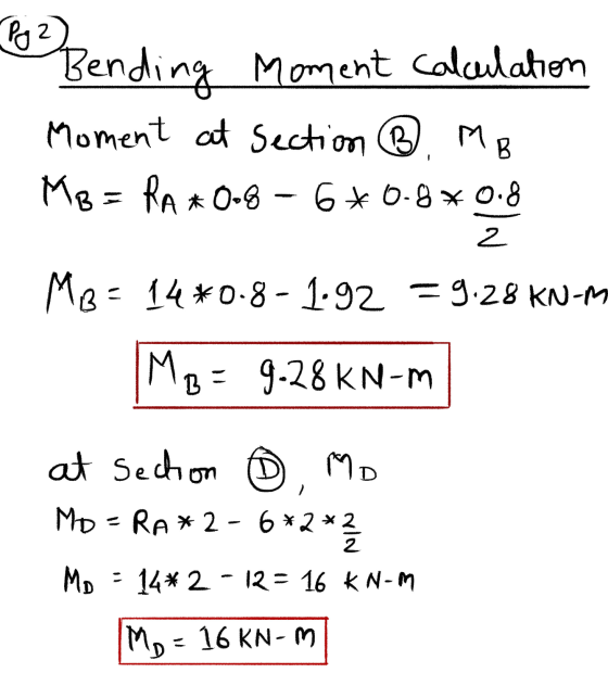 Po Bending Bending moment calculaten Moment at Section ③ MB MB = RA*0.8 - 6*0.8*0.8 2 MB= 14*0.8 - 1.92 = 9.28 KN-M MB B = 9.