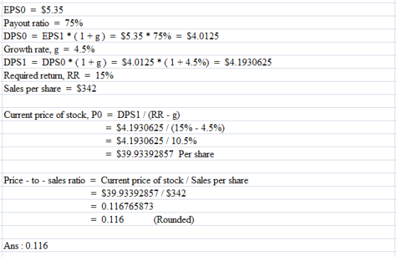 EPSO = $5.35 Payout ratio = 75% DPSO = EPS1*(1+g) = $5.35 * 75% = $4.0125 Growth rate, g = 4.5% DPS1 = DPSO*(1+g) = $4.0125*(