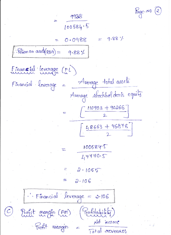 Page: No ® 9938 10058485 = 0.0988 = 9.884. to Return on asshfroa) = 9.88% Financial leverage ( Financial leverage a Average t