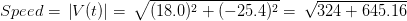 Speed = , left | V(t) ight | = , sqrt{(18.0)^{2} + (-25.4)^{2}} = , sqrt{324 + 645.16}