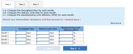 Reg 1 Reg 2 Reg 3 1-a. Compute the throughput time for each month. 1-b. Compute the delivery cycle time for each month. 1-c.