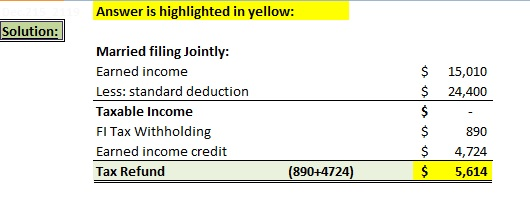 Answer is highlighted in yellow: Solution: $ $ 15,010 24,400 Married filing Jointly: Earned income Less: standard deduction T