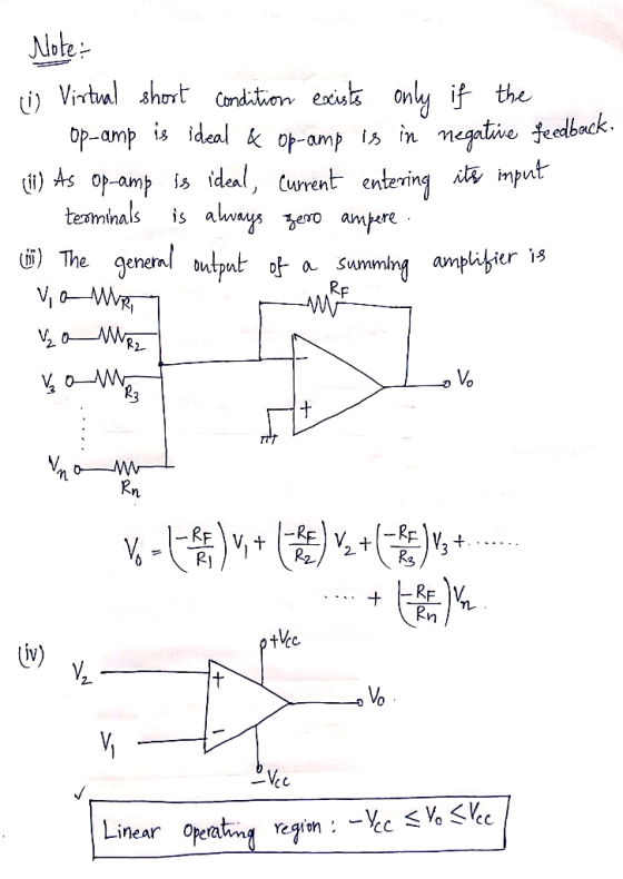 Note: i Virtual short condition exists only if the op-amp is ideal & Op-amp is in negative feedback. (1) As op-amp is ideal,