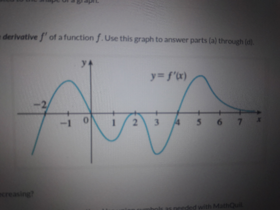 pe & Bl apr derivative f of a function f. Use this graph to answer parts (a) through (d). y=f«) creasing? en cumhols as nee