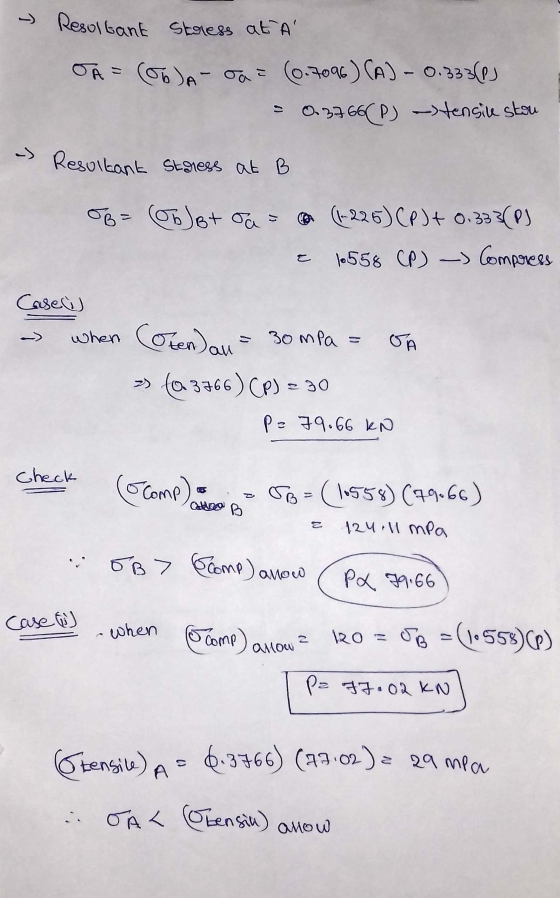 - Resultant Stress at a JA = (06)A-oa = (0.7096) CAJ - 0.333(0) 0.3766(P) tensile stou 13 - Resultant storess at B OB= (Obbt
