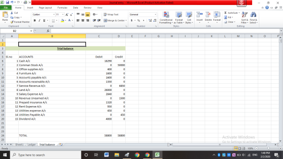 Journal entry - Microsoft Excel (Product Activation Failed) - 2 X File Home Insert Page Layout Formulas Data Review View - x