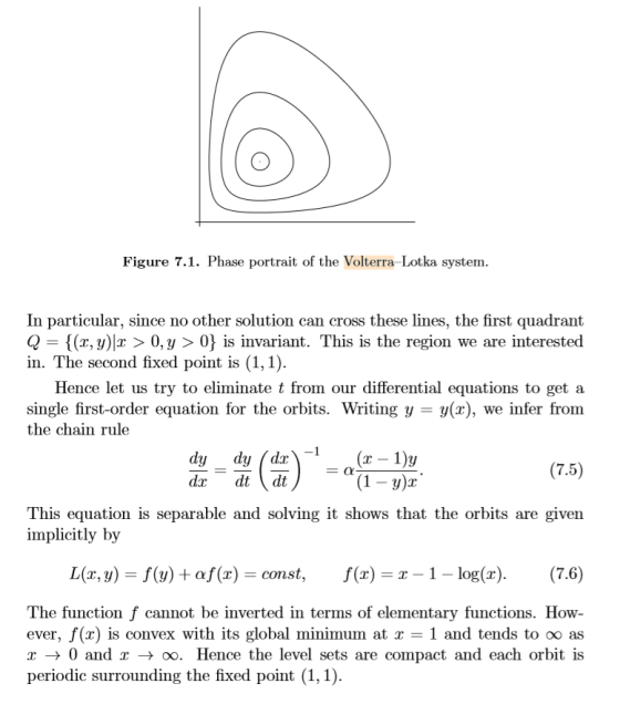 Figure 7.1. Phase portrait of the Volterra-Lotka system. In particular, since no other solution can cross these lines, the fi