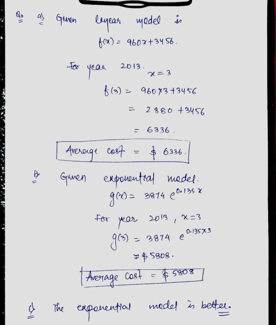 Qo as Ginen layear model is fox) = 9602+3456 2013 X=3 year f(3) = 96073 +3456 2880 +3456 = 6336 Average cost $ 6336 Noki A Gu