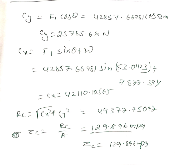 =129.896 mpy Cy=ficoso Fi coso = 42857.6698) (0353.00 Cy=2578 225785.68 N (n= Fisinot w - 42857.6698) sin (53:01123)+ 7877.39