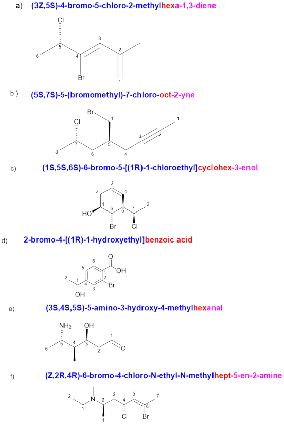a) (32,5S)-4-bromo-5-chloro-2-methylhexa-1,3-diene TY b) (59,78)-5-(bromomethyl)-7-chloro-oct-2-yne 2 c) (15,59,6S)-6-bromo-5