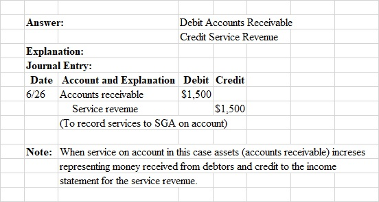 Answer: Debit Accounts Receivable Credit Service Revenue Explanation: Journal Entry: Date Account and Explanation Debit Credi
