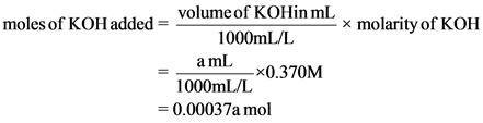 moles of KOH added = volume of KOHin ml
1000mL/L
x molarity of KOH
amLx0.370M
1000mL/L
= 0.00037a mol