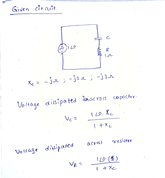 Given circuit c 12 R Xc = jm. ;-jzn ;-jar macrois capactor. Voltage dissipated : 120. X Vca I+Xc resistor acros! Voltage diss