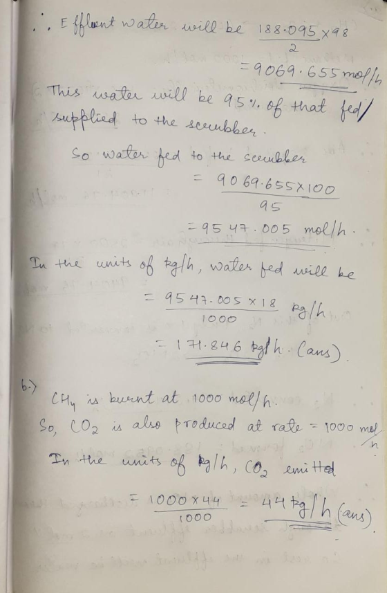 : Effluent water will be 188.095x98 -9069.655 molly This water will be 95% of that fed supplied to the scrubber. So water fed