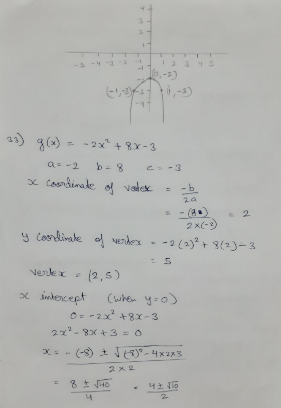 3 - -4 -3 -2 1 2 3 45 (6,-2) 3 33) g(x) - - 201² + 8x-3 a= -2 b=8 e = -3 oc coordinate of vertex -b 2a = 2 - (88) 2X(-2) y co