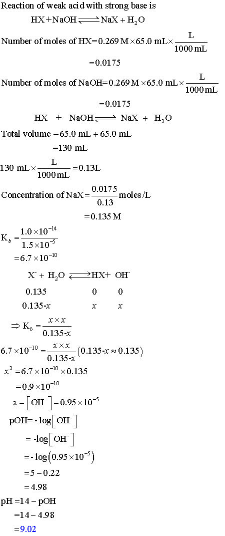 Reaction of weak acid with strong base is Number of moles of 0.269 M x65.0 mLx 1000 mL 0.0175 Number of moles of NaOH= 0.2 9