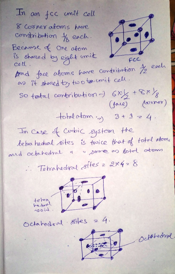 In an fcc comit cell 8 Cooner atoms have constribution / each. Because of one atom is shar red by eight mit Cell. FCC And fac