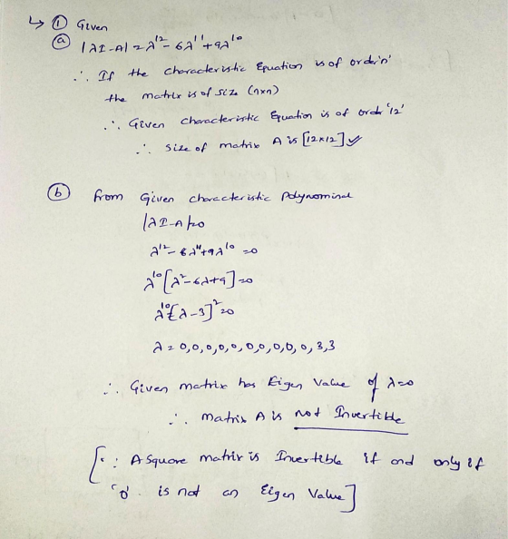 0 Given (Al-Al 22 62 tanto :. If the characteristic Equation is of ordin the Matrix is of size Coxn) Geven characteristic E