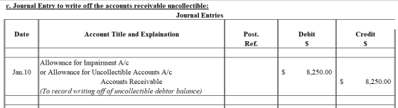 c. Journal Entry to write off the accounts receivable uncollectible: Journal Entries Date Account Title and Explaination Debi