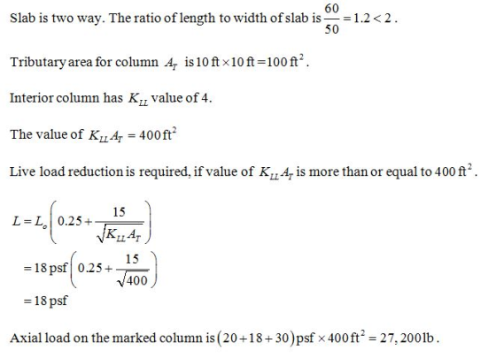 60 Slab is two way. The ratio of length to width of slab is-= 1.2 < 2 . Tributary area for column 24 is 10 ft × 10 ft = 100 f