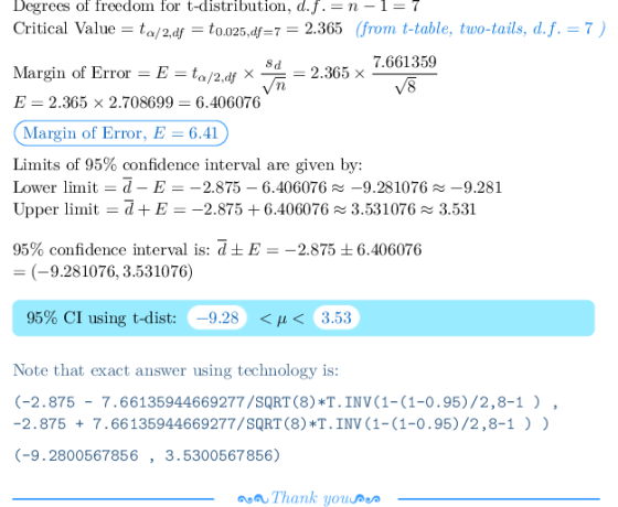 Degrees of freedom for t-distribution, d.f. -n-l7 Critical Value-ta/ 2,df-t Margin of ErrorE -t E-2.365 x 2.708699 6.406076 -